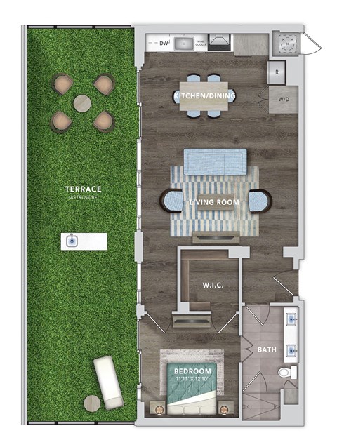 Floor plan for 1 bed, 1 bath, 1489 sqft